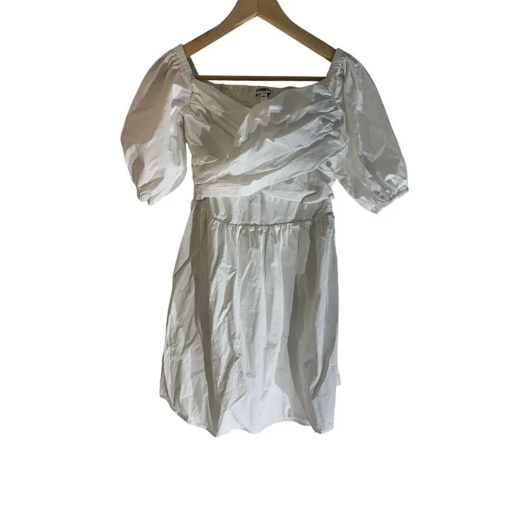 Express‎ white M Cotton Puff baby doll Dress Prarie romantic Boho Milkmaid